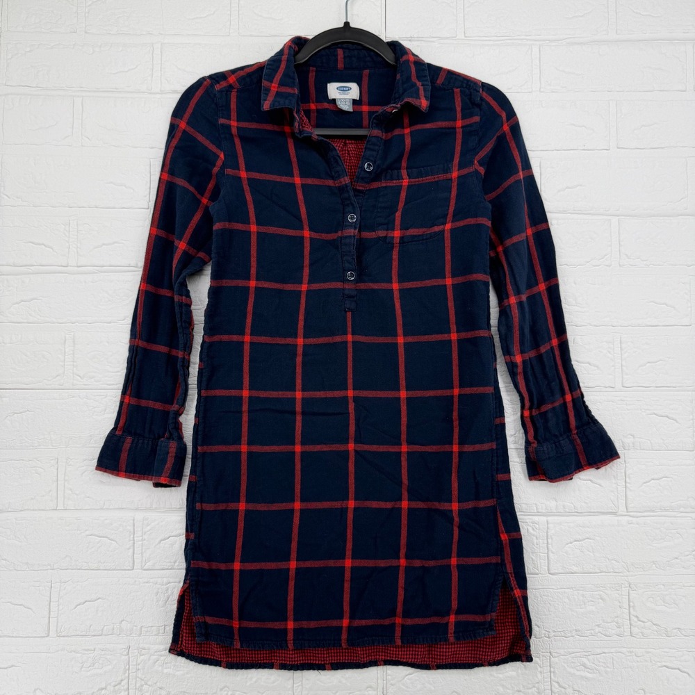 Old Navy Flannel Tunic Dress Girls Large Navy Blue Red Plaid Long Sleeve